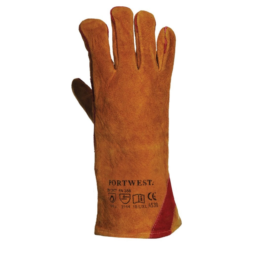 Premium quality leather welding gauntlet with reinforced palm and thumb area for additional protection. Fully welted and sewn with para-aramid throughout.