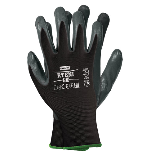 Protective gloves made of polyester, coated with nitrile.