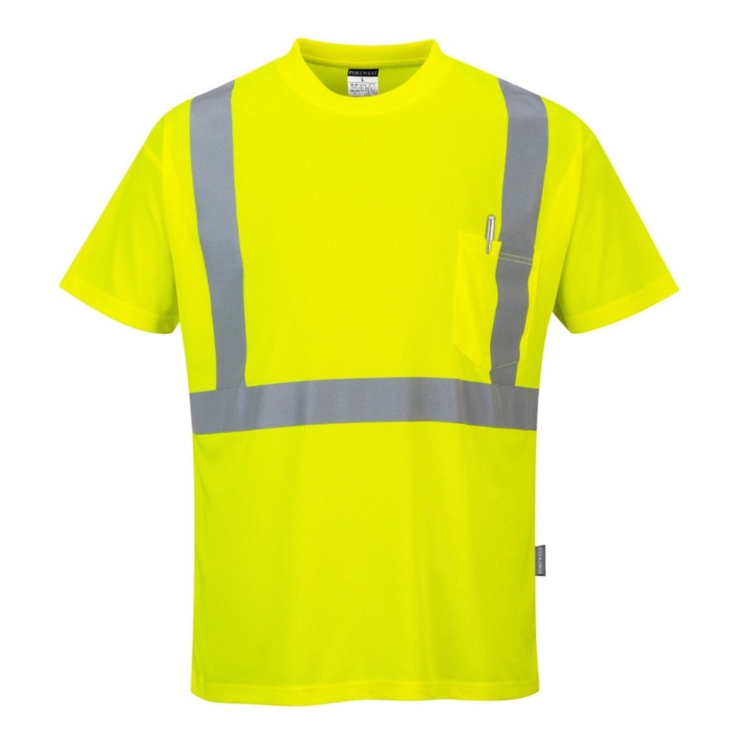 Fluo Yellow Moisture Wicking T-shirt with Hi-Vis stripes and pocket on left chest.